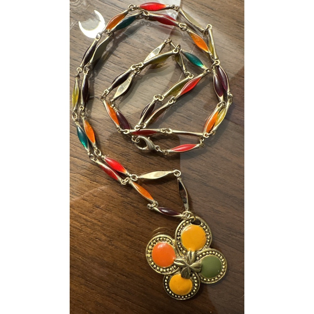 Vintage Enamel, Floral  Necklace  Yellow Orange Green Red Multicolor 70's Festiv